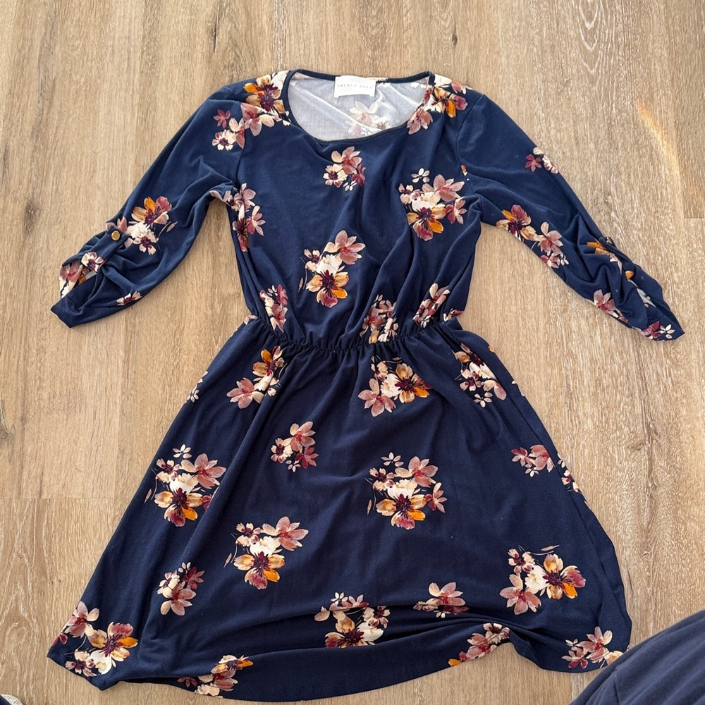 French Grey Navy Floral Casual Dress